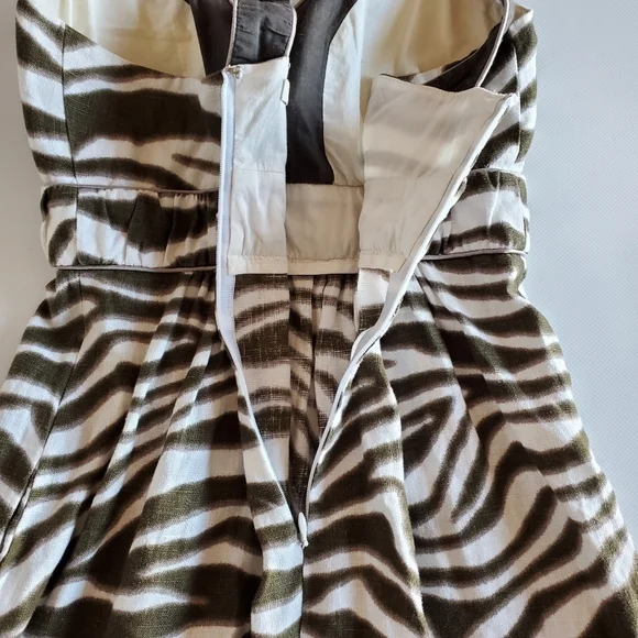 7348 * Banana Republic Animal Print Linen Dress Olive Green White Size 0P - Picture 7 of 10